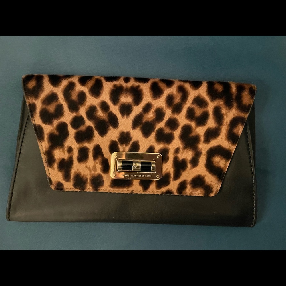 DVF Black Leather and Leopard Calf Hair clutch purse